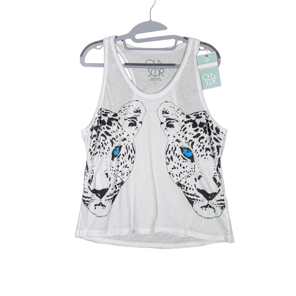 NWT Chaser Blue Eye Leopard Graphic Tank Top Womens L